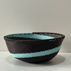 African Telephone‎ Wire Bowl Handwoven Decorative Swirl Basket Teal Brown